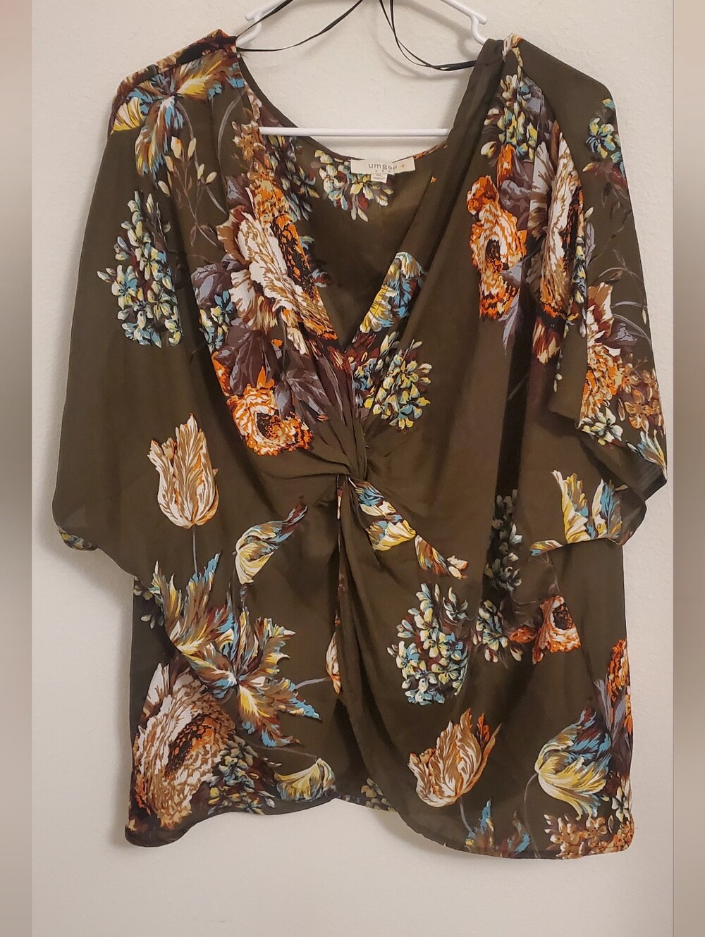 Umgee Plus Olive Floral Twist-Front Blouse with Orange & Blue Floral Accents 1X